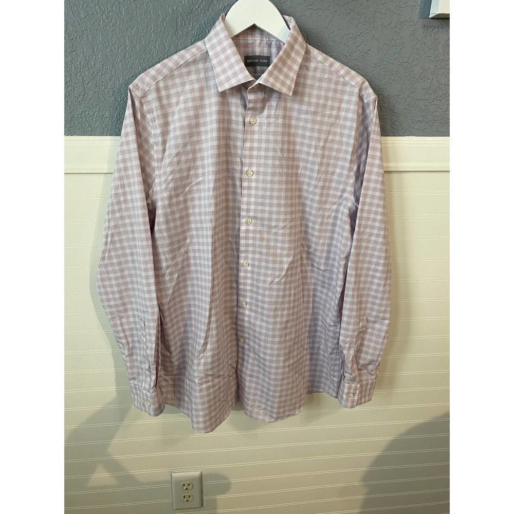 Michael Kors Regular Fit Airsoft Stretch Ivory Plaid Button Down Dress Shirt L
